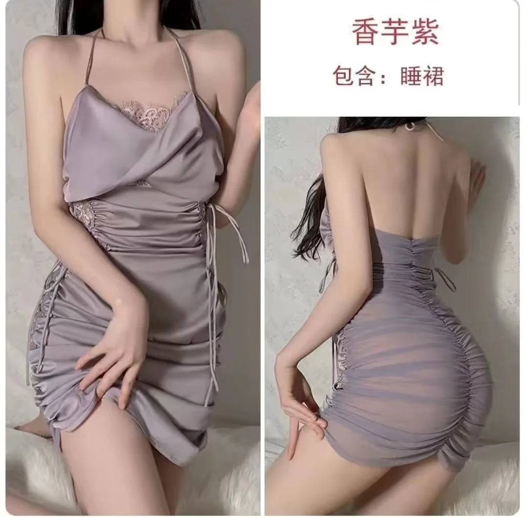 

Sexy Summer Silk Sleepwear Women's Lace Slimming Transparent Home Clothes Pure Desire Ice Silk Nightgown Sensual Home Dress