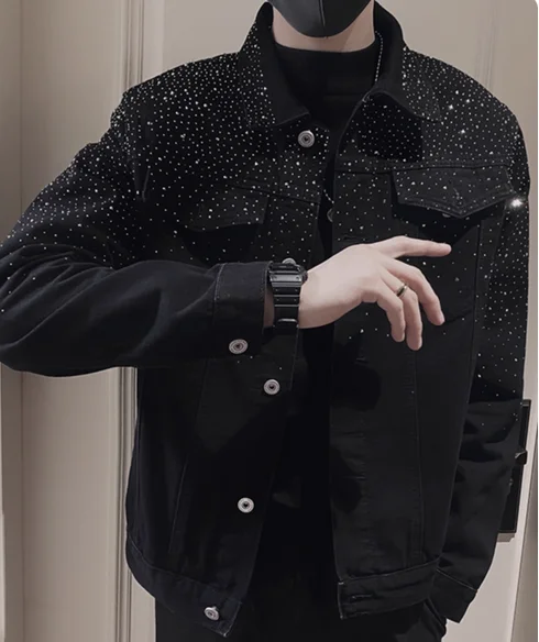 Men\'s Lapel Loose Version Versatile Shoulder Padded Jacket Casual Handsome Long Sleeve Chic Denim Top Hot Diamond Denim Jackets