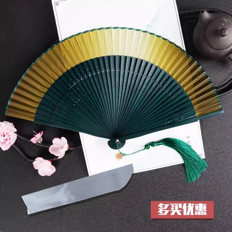 SLN Chinese Style Luxury Tassel Folding Fans Ancient Glossy Gradient Color Carved Bamboo Fan Bridal Hanfu Photography Hand Fans