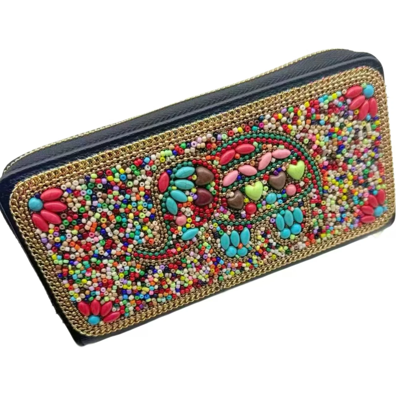 Handmade Beaded Elephant Wallet Multi-Colored Elephant Pattern Women's Long Wallet In Black Leather