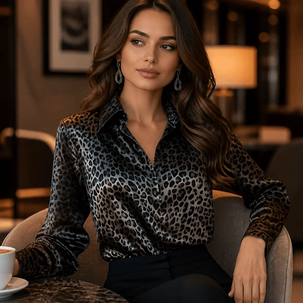 

Looose Turn-down Collar Office Ladies Shirts Button Up Women's Tops Leopard Print Blouse Elegant Long Sleeve Shirt Streetwear