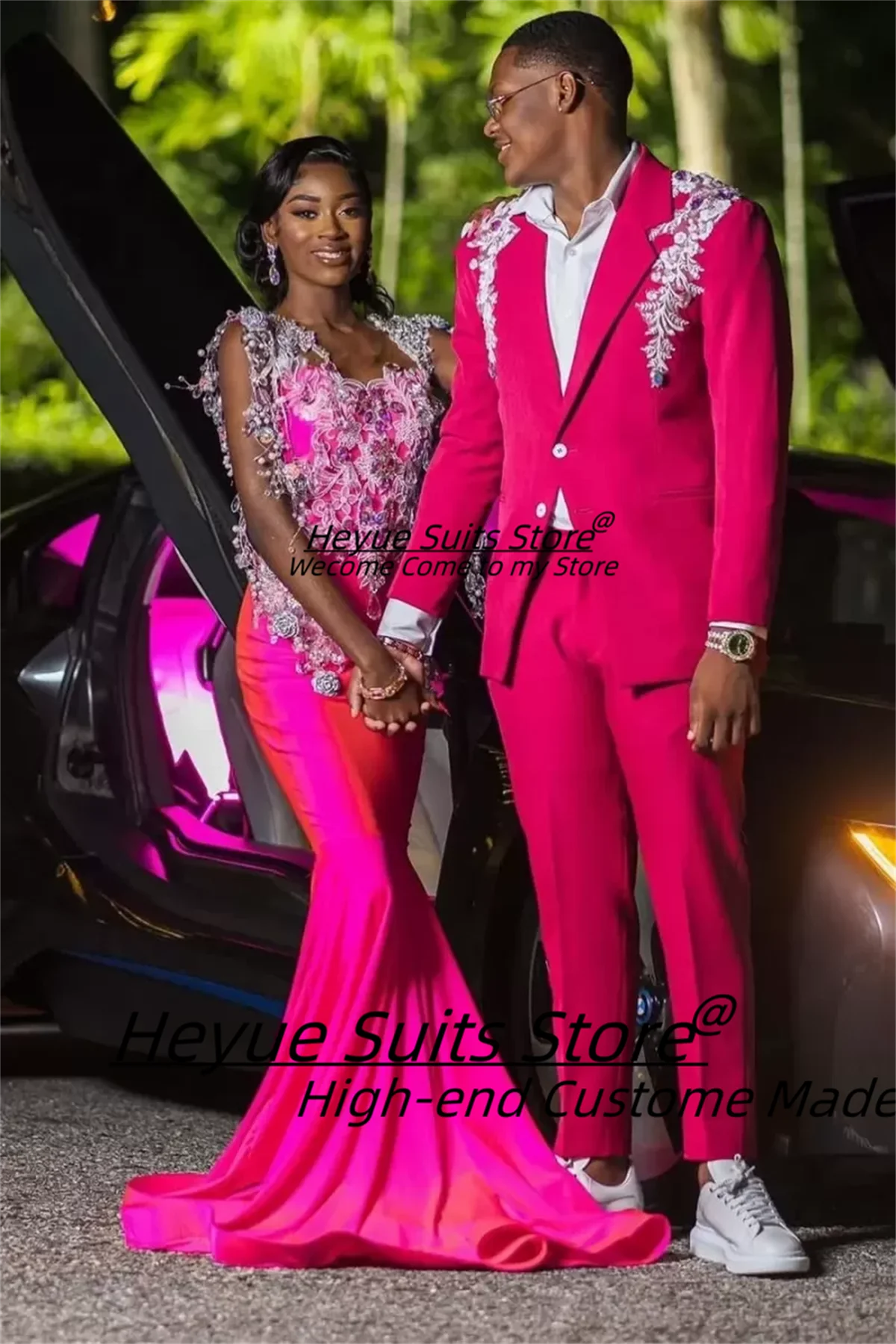 

Fashion Luxuly White Appliques Men Suits Elegant Groom Wedding Tuxedos 2 Pieces Sets Business Male Blazers Prom Costume Homme
