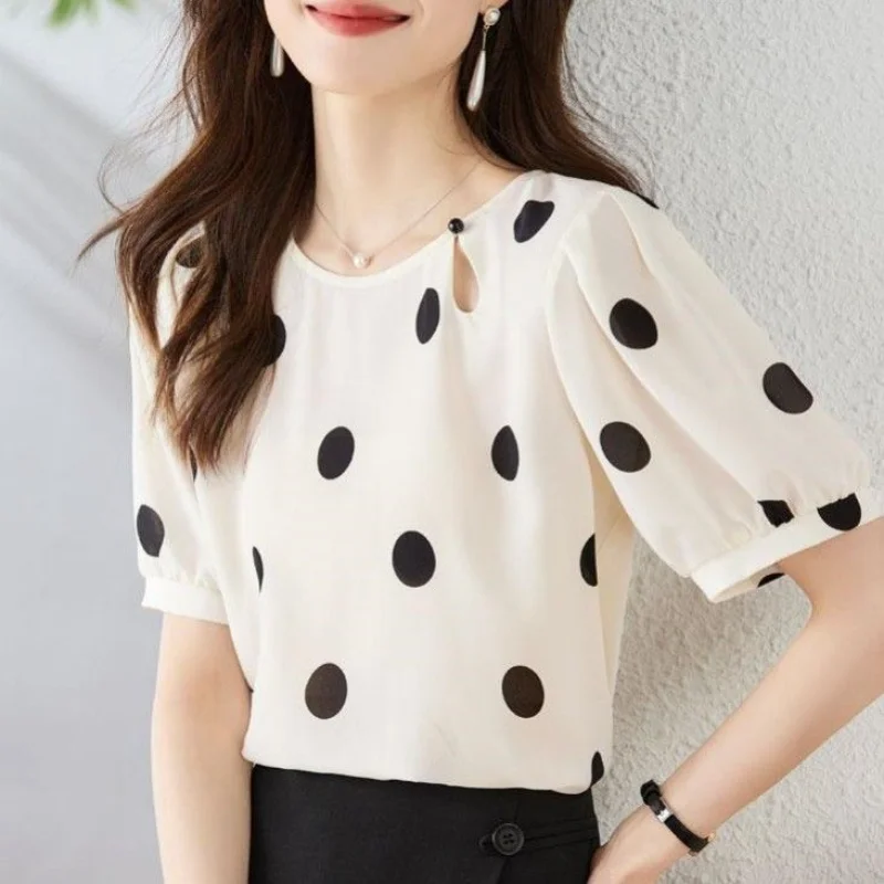 

2023 Summer New Fashion Dot Printed Short Sleeve Round Neck Loose Casual Simplicity Korean Version Hollow Out Women's Top Blouse