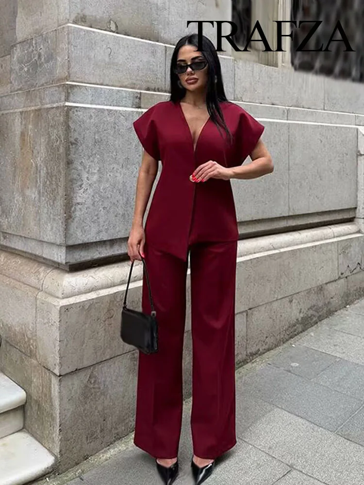 

TRAFZA Women Suits Solid V-Neck Sleeveless Single Button Vest Tops+High Waist Pockets Zipper Long Pants Female Fashion Sets