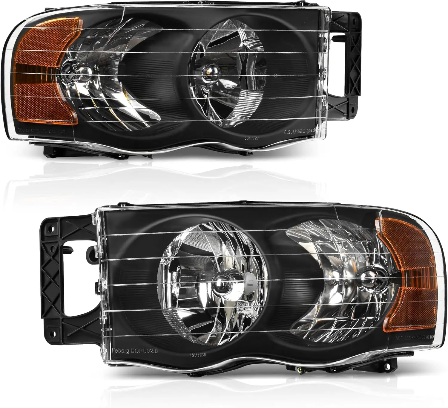 Headlights Assembly Compatible with 2002 2003 2004 2005 Dodge Ram Pickup Truck Headlamps Replacement Black Housing Amber Reflect