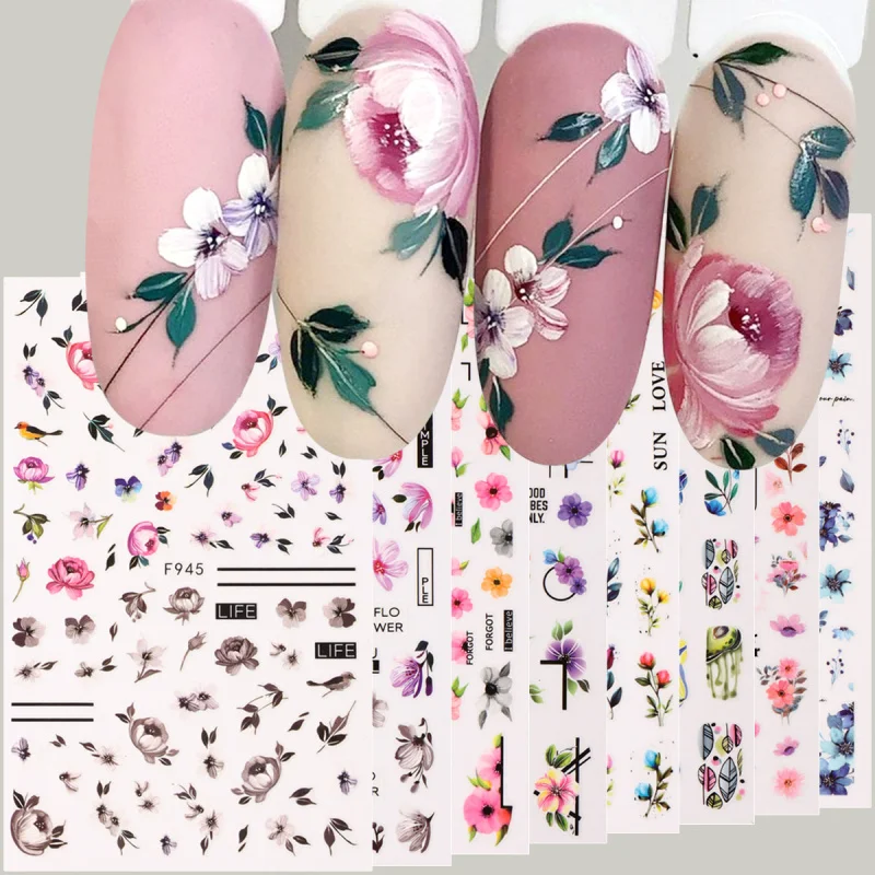 2/4/8pcs 3D Spring Floral Nail Art Stickers Geometry Blossom Flower Petals Leaf Designs Self-Adhesive Nail Decals Decoration DIY