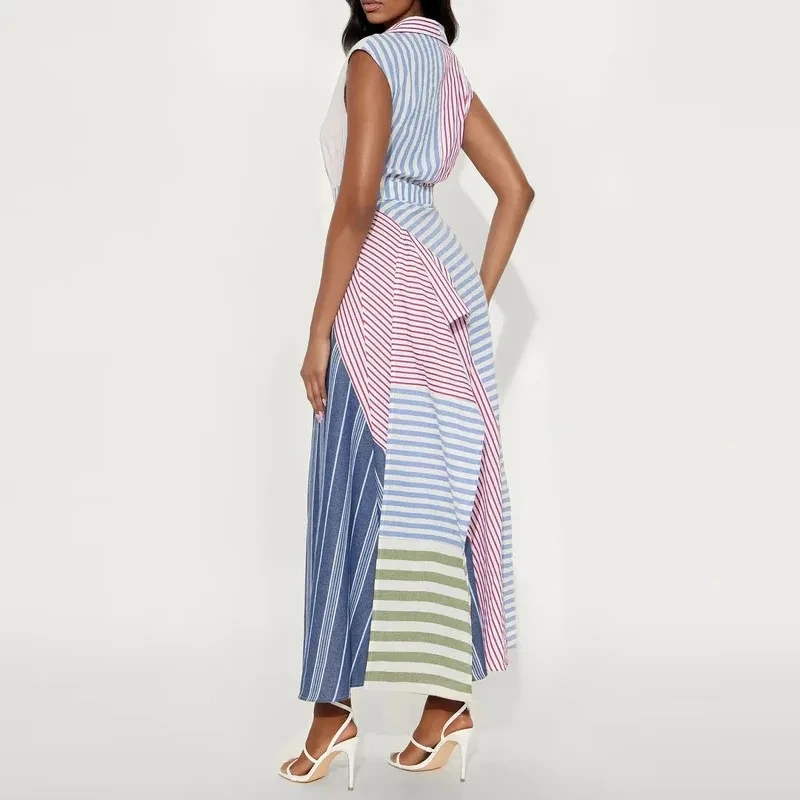 

Elegant Sleeveless Slim Pleated Long Dress Summer Chic New V-neck Dresses Fashion Contrast Color Irregular Stripe Printed Dress
