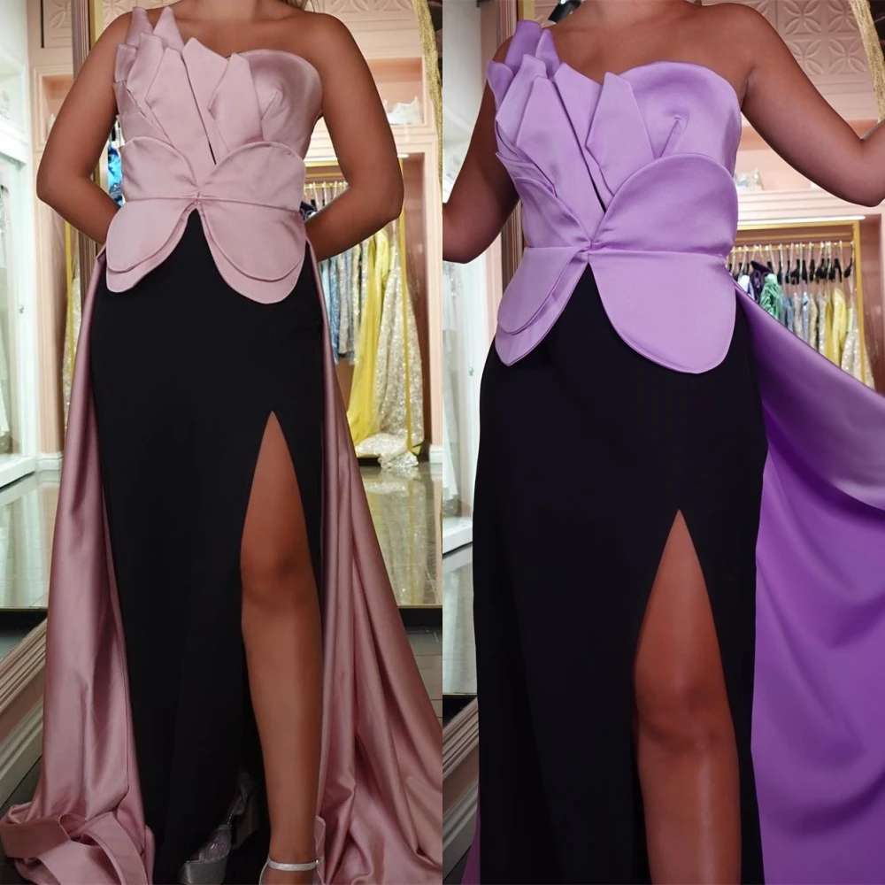 

Prom Dresses With Slit Fashion Strapless Sheath Party Dress Floor Length Court Sleeveless Satin Ruched Formal Evening Gowns