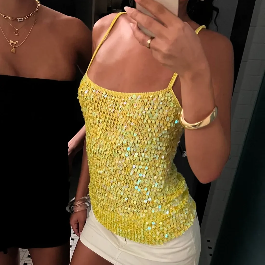 

Sequin Embellished Crochet Crop Tops Women Summer Beach Knitted Smocked Camis Sparkly Glitter Backless Cover-up Crop Tops Vest