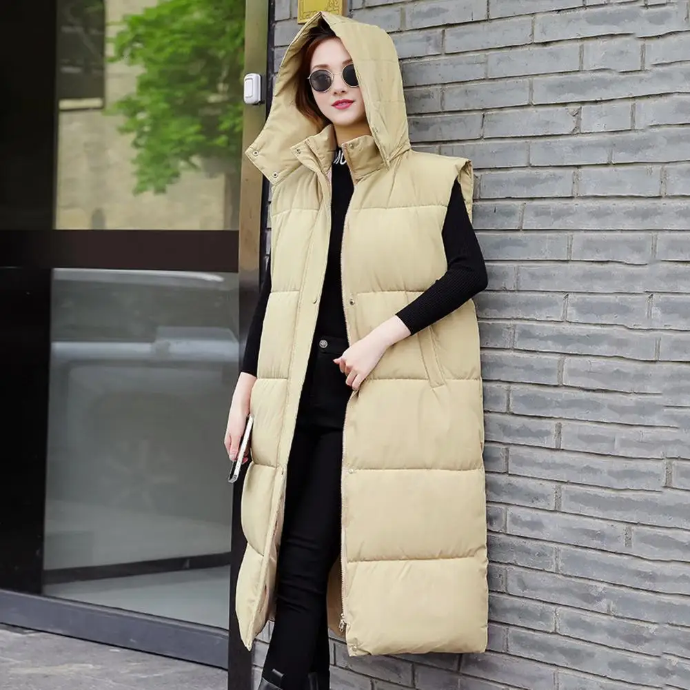 Winter Women Waistcoat Padded Zipper Closure Hooded Loose Fit Adjustable Waist With Belt Heat Retention Outdoor Down Coat