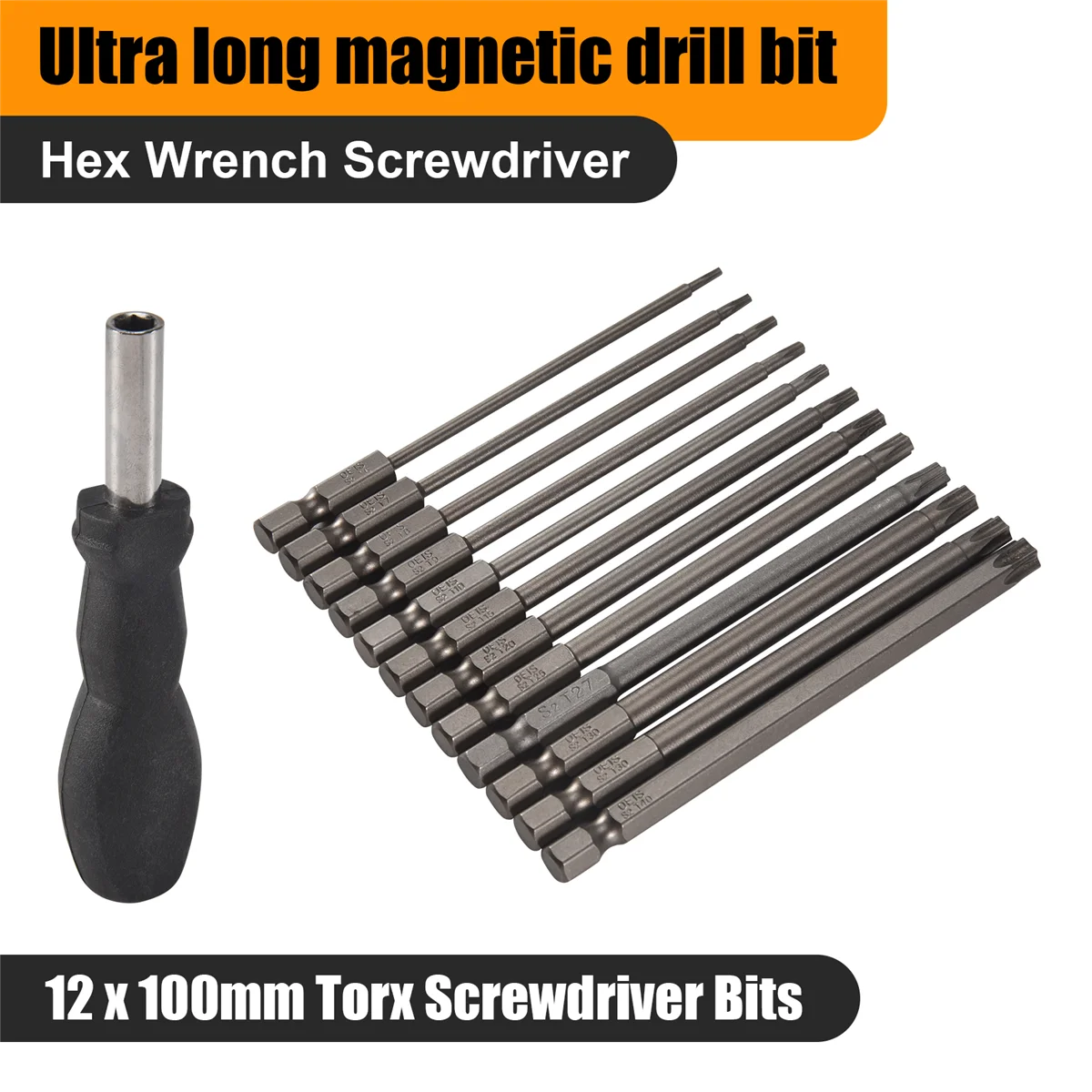 ロングトルクスドライバービットセット、磁気トルクスビットセット、T6-T401、4インチヘックス、100mm、13個