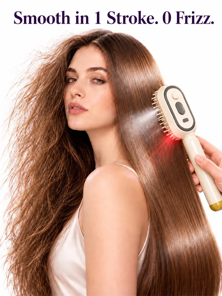 Electric Anti Frizz & Anti-Tangle Hairbrush with Spray, Red Light & Retractable Teeth – Scalp Massage Comb, Lightweight, USB-C