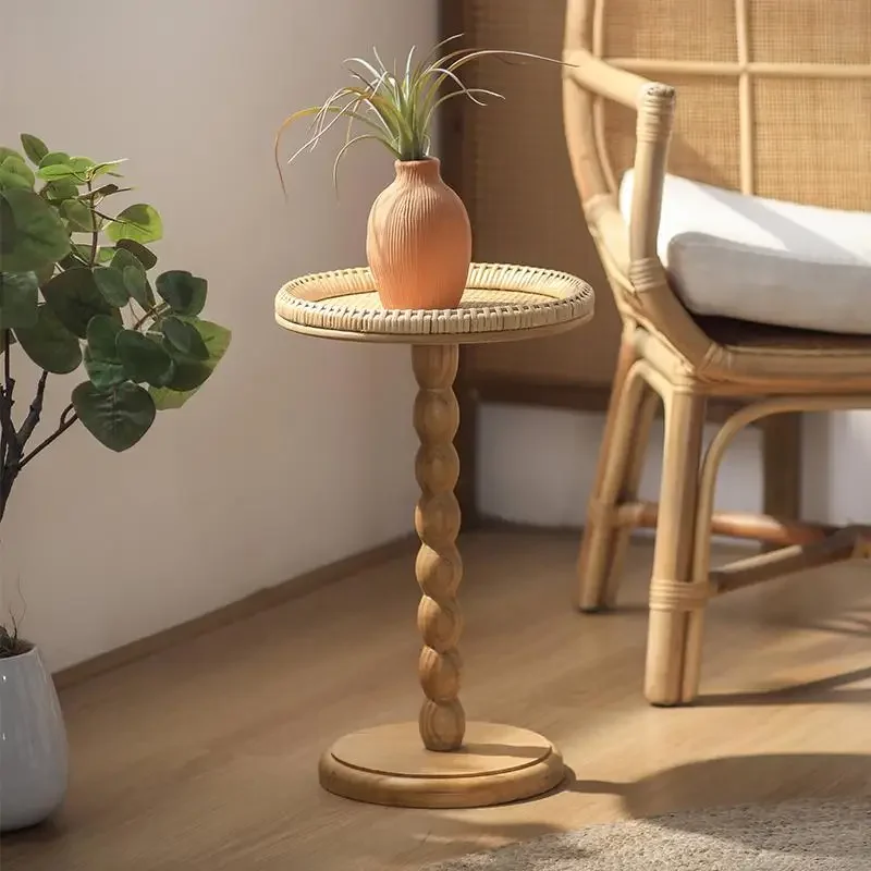

ZHomestay Ins Style Solid Wood Retro Small Side Tables Chinese Style Home Rattan Corner Table Single Round Coffee TablesZ