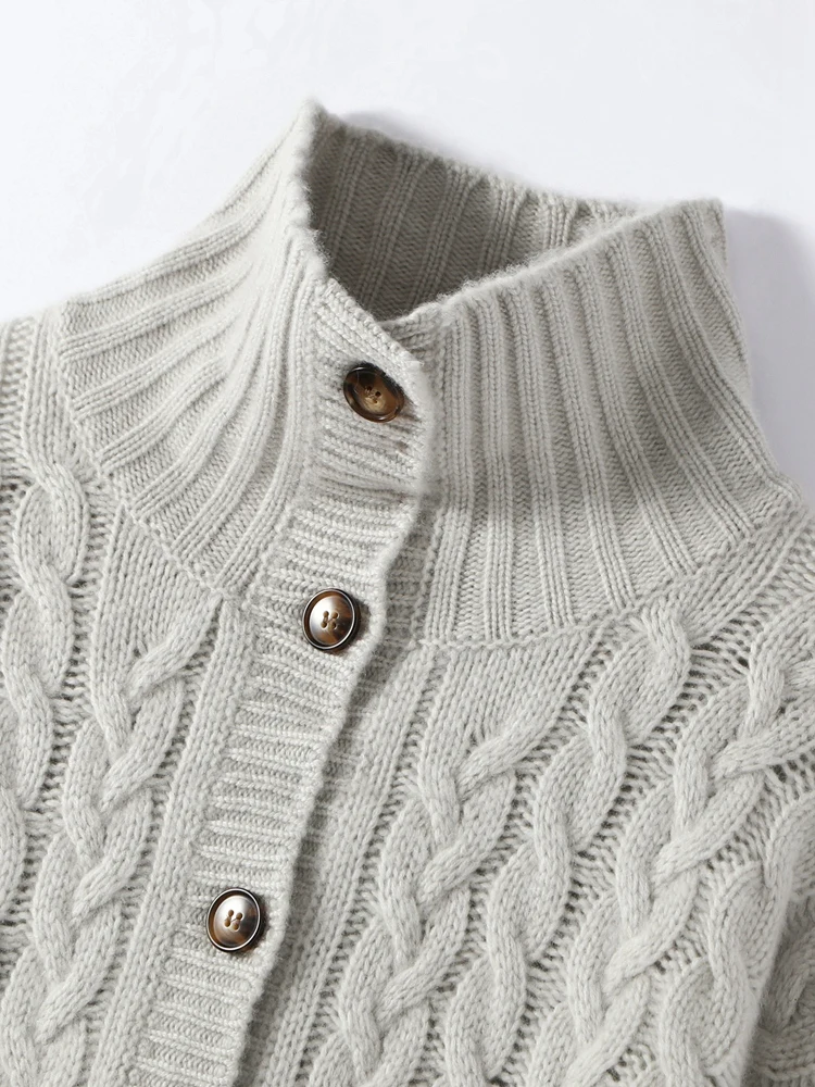 

Толстый свитер с вышивкой кабеля, кардиган с воротником-стойкой, осень-зима, женский теплый элегантный мягкий комфортный трикотаж из 100% кашемира