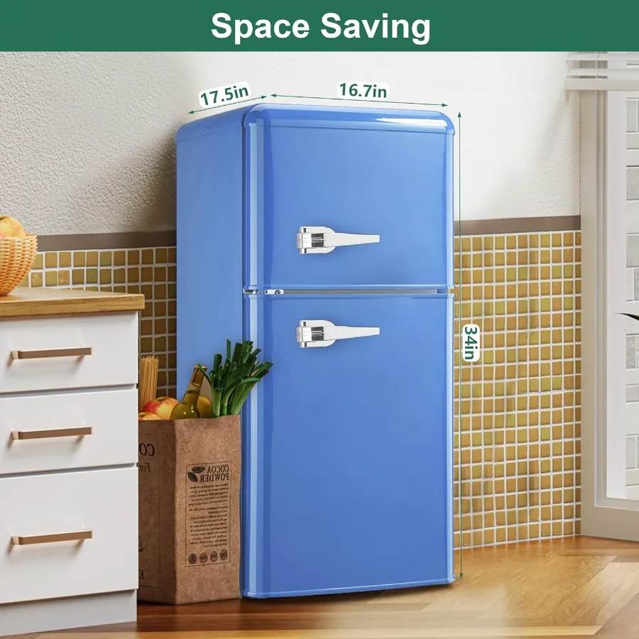 ثلاجة ريترو ميني 3.2 مكعب. قدم. ثلاجة صغيرة مع فريزر ريترو ستايل مع ترموستات قابل للتعديل 7 مستويات مدمج عتيق 2-