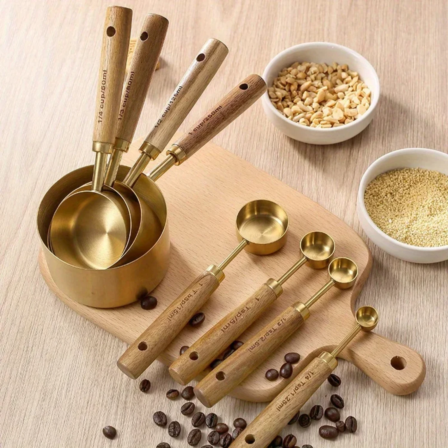 Accurate and Precise Baking Measurements with Enhanced Premium Stainless Steel Measuring Cups and Spoons Set - Sturdy Wooden Han