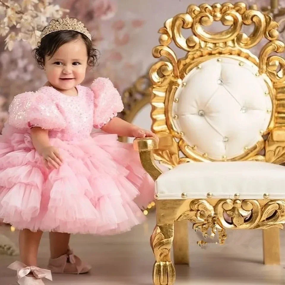 Luxurious Flower Girl Dress Green Puffy Girls Party Dresses for Wedding Short Sleeves Tulle Kids Christmas Ceremonial Dress