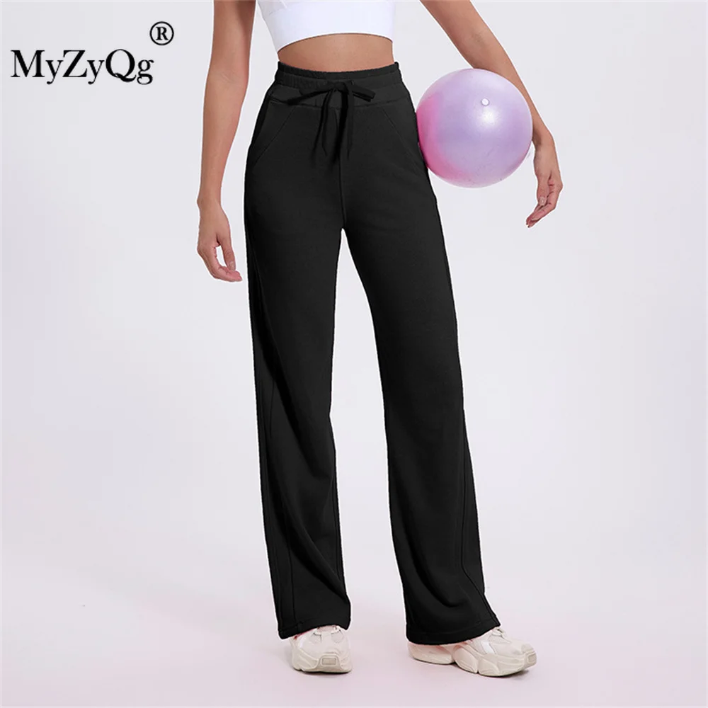 MyZyQg Women High Waist Drawstring Loose Athletic Casual Pants Side Split Skinny Fitness Running Yoga Sweatpants Straight Leg