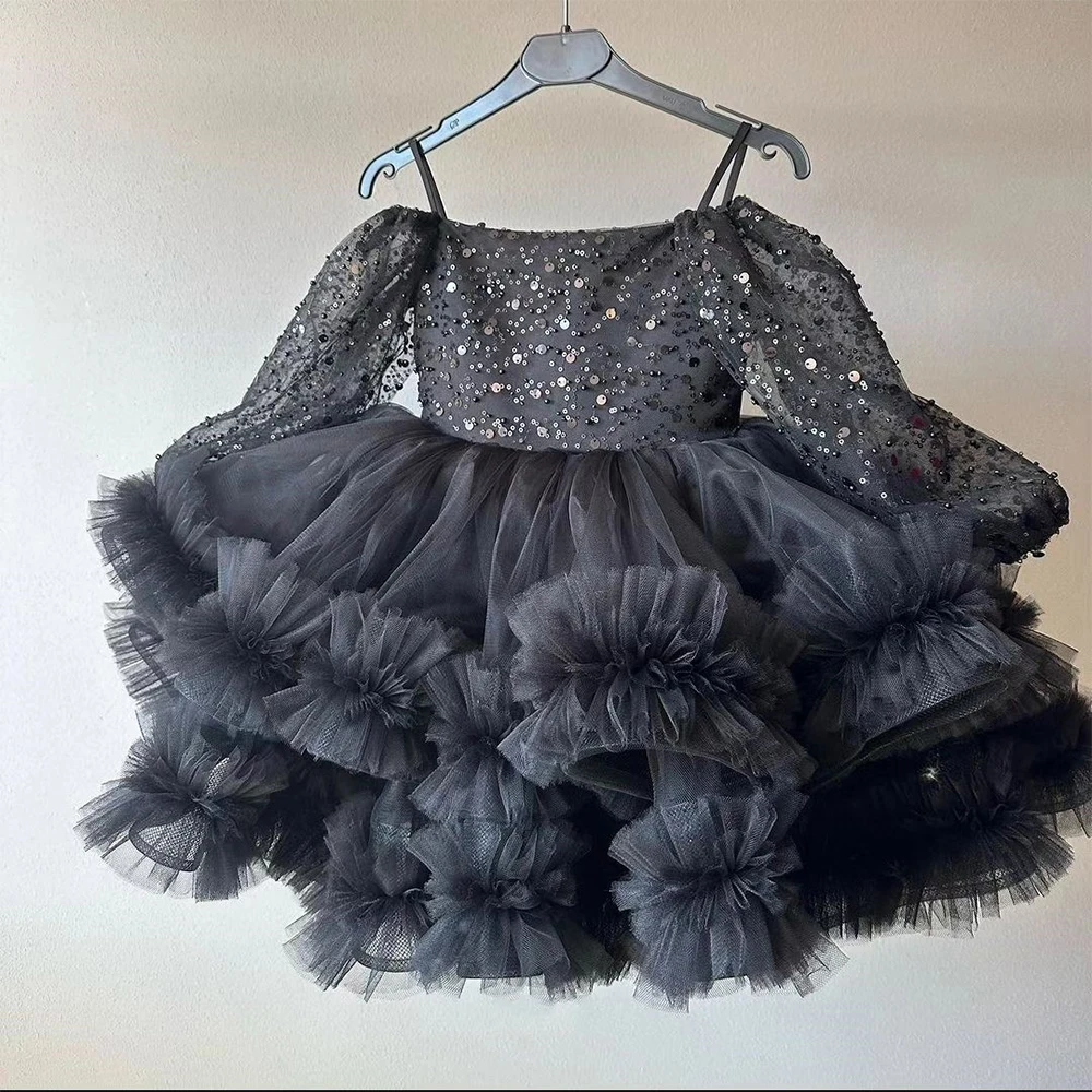 Spaghetti Straps Black Flower Girls Dresses with Sequined 2025 Summer New Full Sleeve Christmas Dresses فستان عيد الميلاد