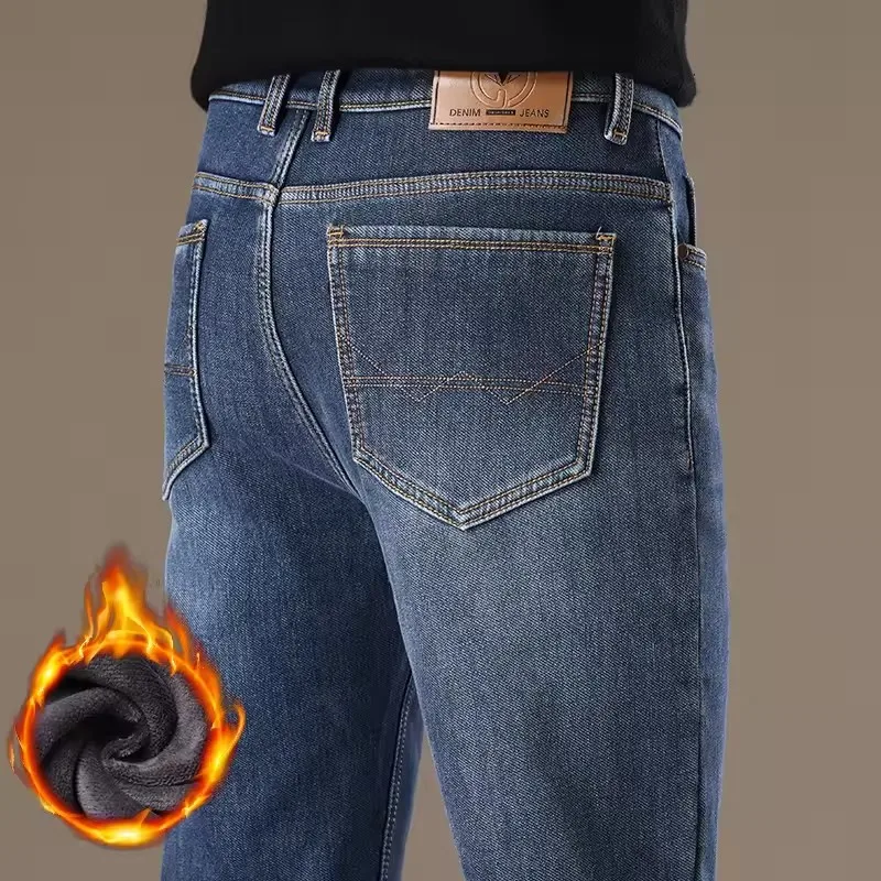 Winter Men's Warm Fleece Jeans Classic Straight Thickened Denim Pants Comfortable Elastic Plush Velvet Business Casual Trousers