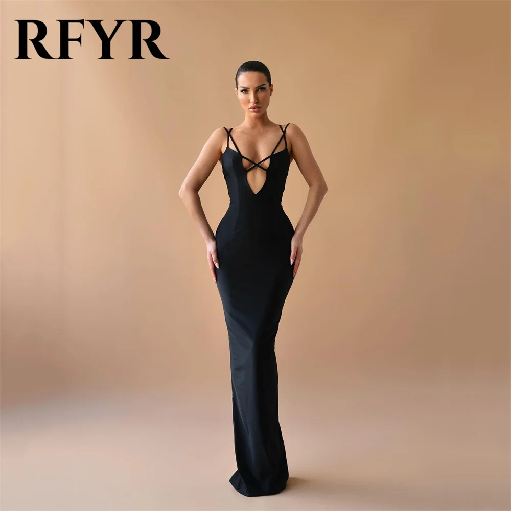 

RFYR Black Mermaid Prom Dresses Spaghetti Straps Backless Satin Formal Dresses فساتين مناسبة رسمية Floor Lenght Robe De Soirée