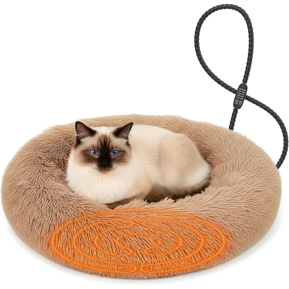 

Indoor Cat Warmer, 23 Donut Bed with USB, Adjustable Heat & Timer, Washable Cover for Small-Medium Cats (Camel)