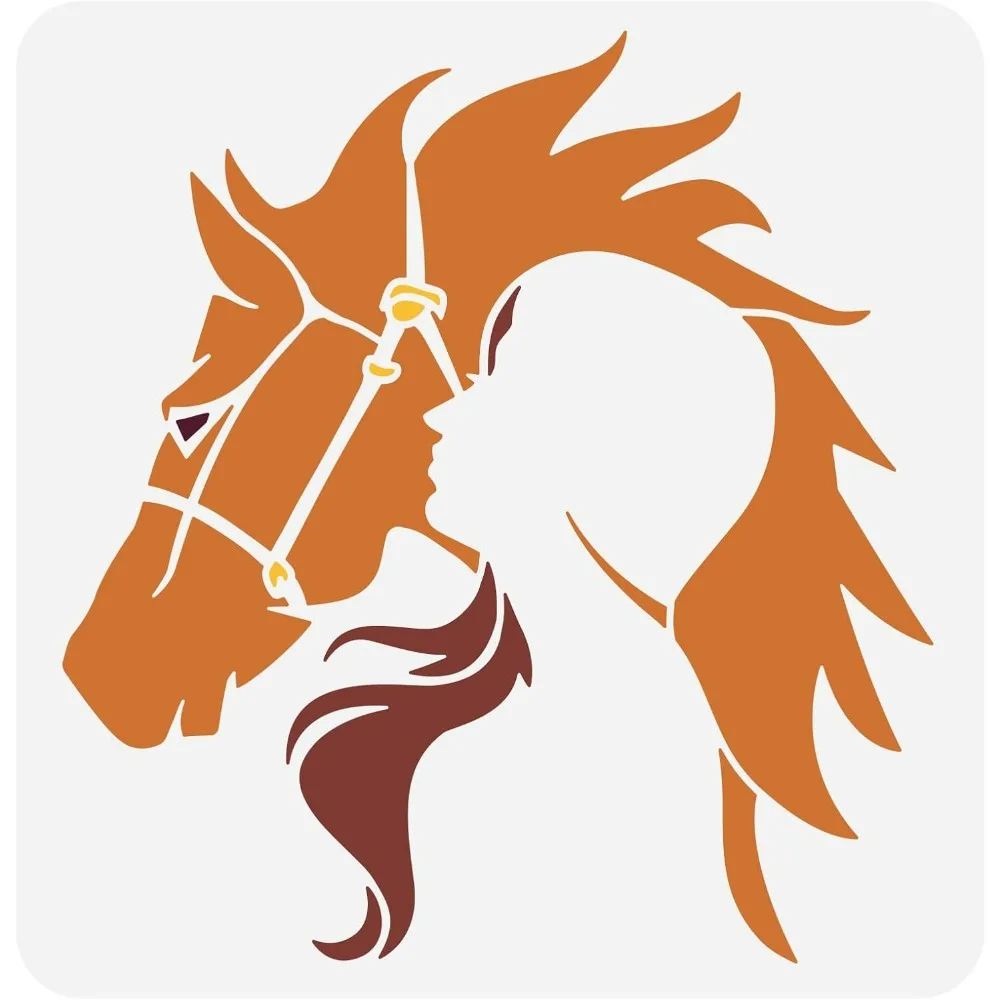 Girl and Horse Stencil 11.8x11.8inch Reusable Girl Silhouette Painting Template DIY Art Horse Head Decoration Stencils for