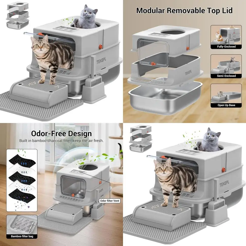 

Large Grey Metal Cat Litter Box with Lid, High-Sided Enclosed, Top Entry, Anti-Leak, Easy Clean