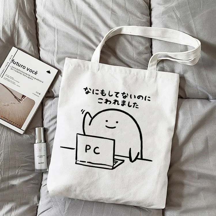 Bolsa Tote de Lona Moderna com Emojis Japoneses, Bolsa de Mão com Zíper Ekot, Mochila Escolar, Bolsa de Ombro Único, Tendênci...