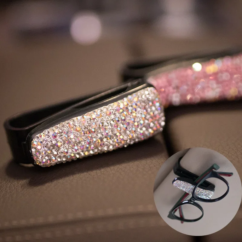 Luxury White Pink Shinning Crystal Car Sun Visor Glasses Case Sunglasses Ticket Receipt Card Clip Storage Holder