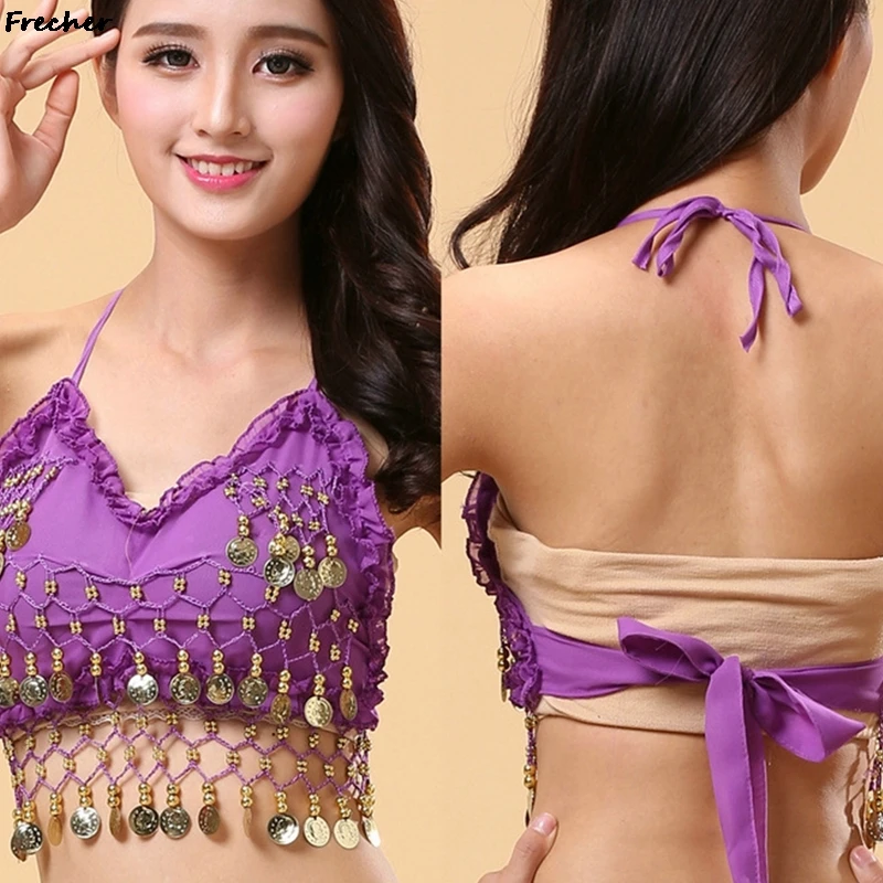 Beaded Halter Bra Tops with Coins Indian Belly Dance Performance Dress Up Costume Club Lady Show Dancing Clubwear Sequin Fringe