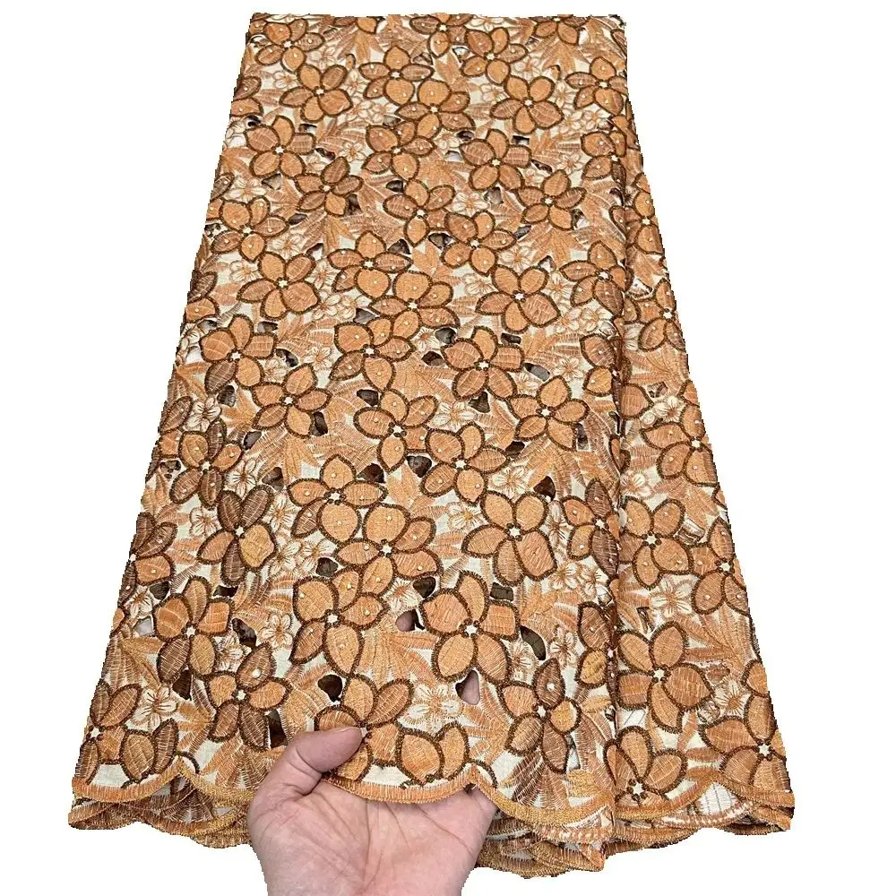 

Африканская кружевная ткань 2025 г., высокое качество, хлопчатобумажная ткань по метрам, вышивка, лен, вечерние платья, тюль, мода, ткань, 5 ярдов