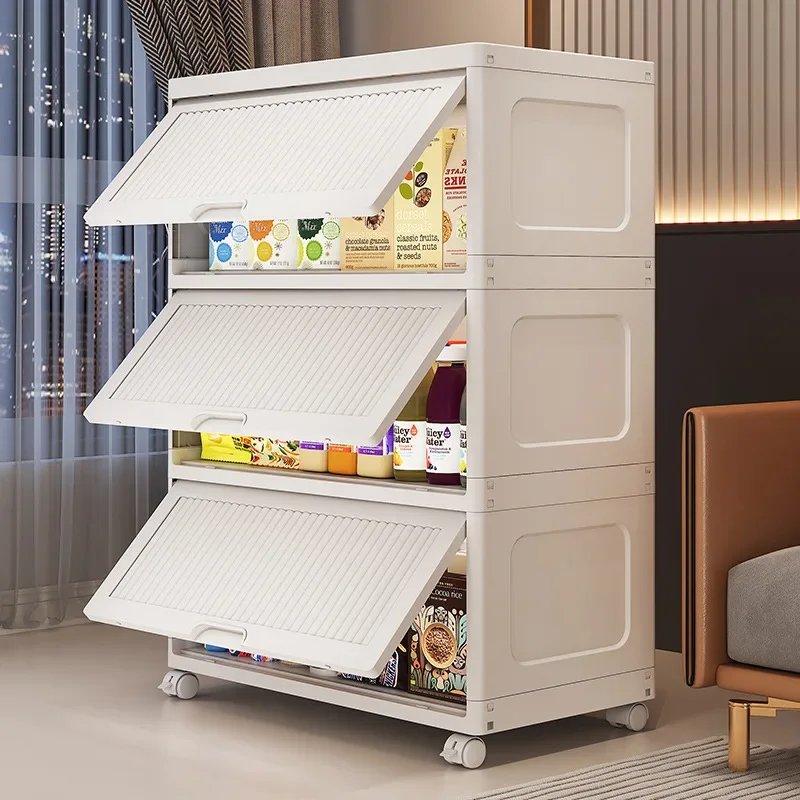 Cream Style Flip Top Storage Cabinet Plastic Multi-layer Household Snack Cabinet Suitable for Kitchen and Living Room Storage