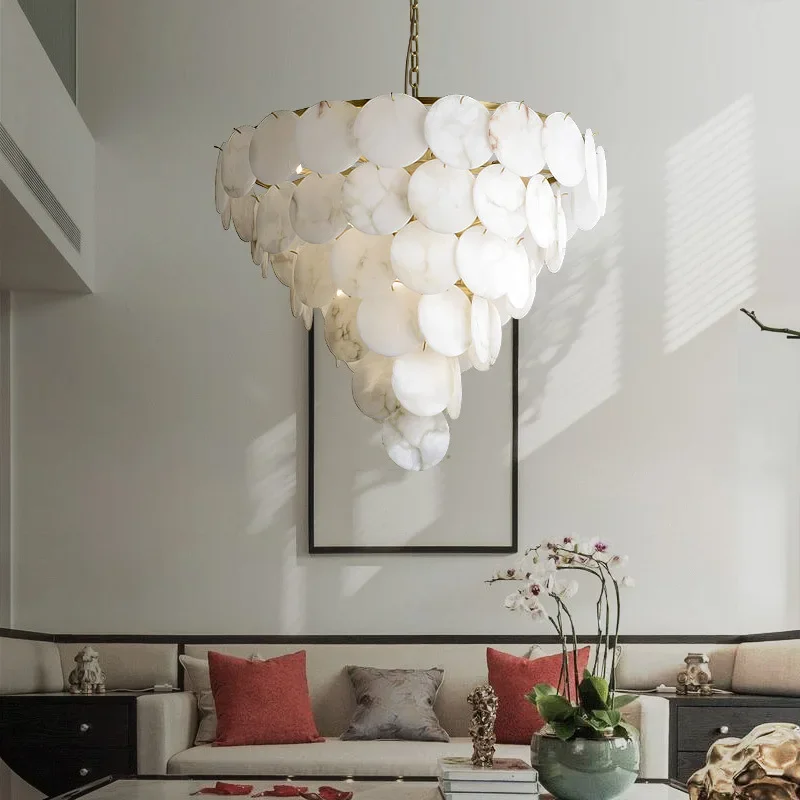 

Spanish Natural Marble Ceiling Hanging Lamp Marble Brass Light Fixture LED Lustres Luxury Home Decor Black Chandelier