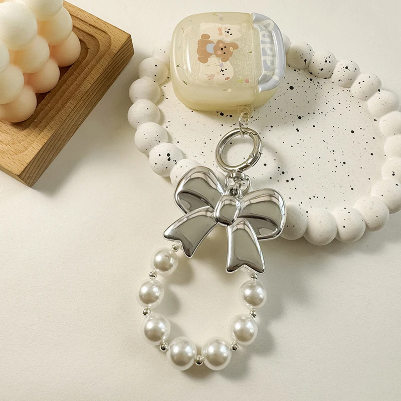 Ins Style Fashion Bowknot Pearl Beaded Key Chain Phone Pendant Headphone Case Charm Bag Decor Car Key Ring image 5
