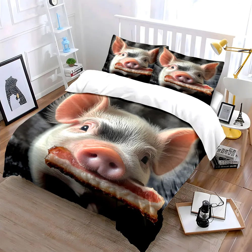 Piglet Holding Bacon Printed Duvet Cover Set1 Duvet Cover+2 PillowcaseMulti Size Bedroom Bedding Decor Machine Washable