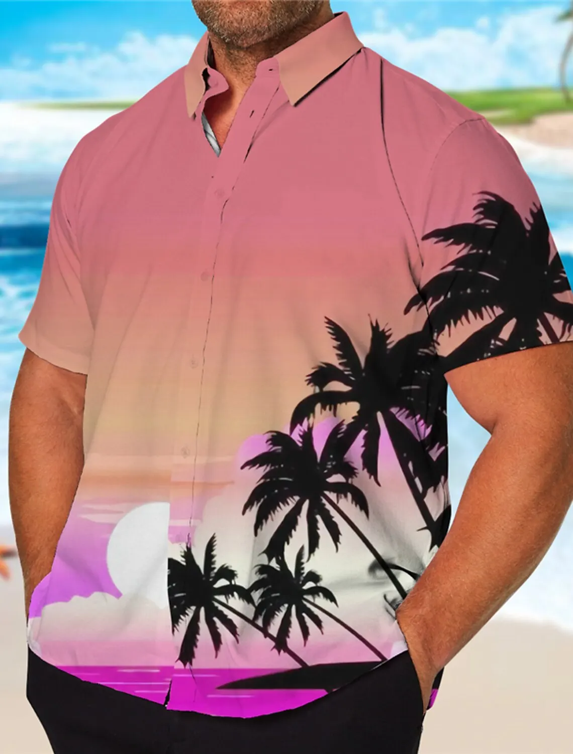 Hawaii Purple Beach Shirts Men Graphic Shirt Summer Hawaiian Coconut Tree Turndown Button Short Sleeve Fashion Street Palm Trees