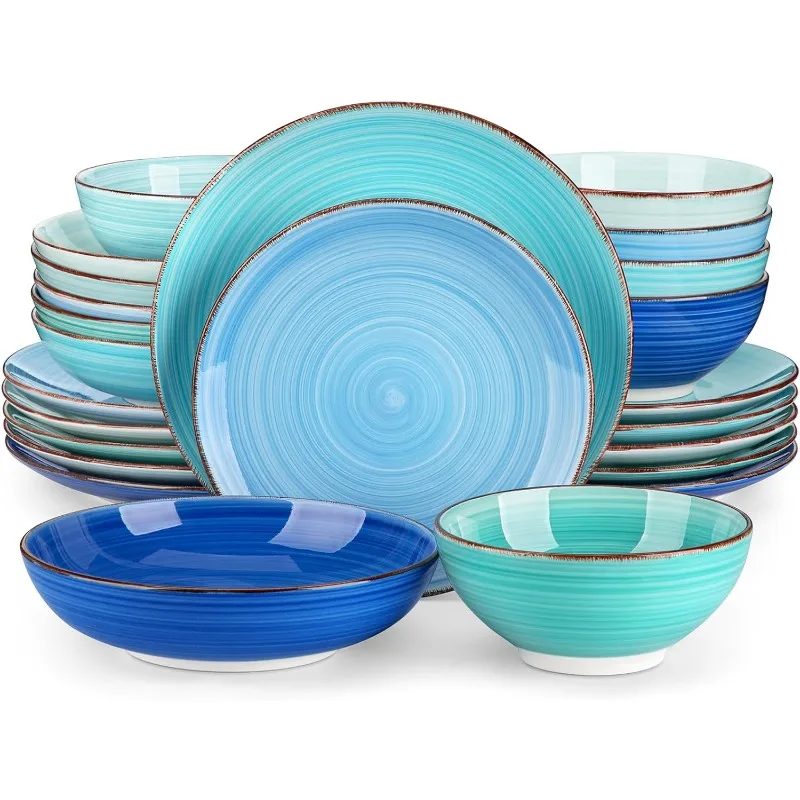 

Dinnerware Set Blue Stoneware 24 Pieces Service for 6, Handpainted Spirals Pattern Stoneware Combination Set