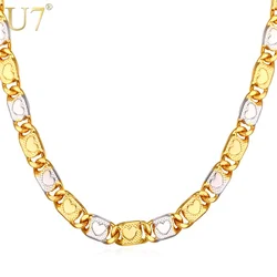 U7 Two Tone 14K Gold Color Silver Plated Heart Charm Flat Link Chain Necklace 22/26inches Retro Vintage Style Jewelry QC24