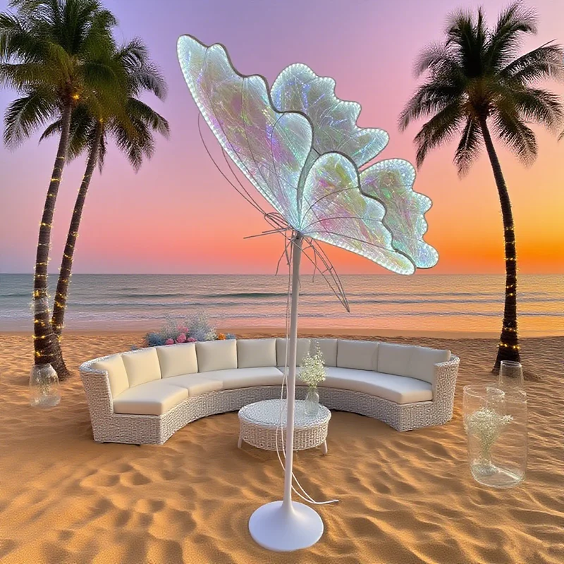 

Wedding hotel venue decoration props iron fabric butterfly shape chandeliers road leading wedding hall layout hanging hangings