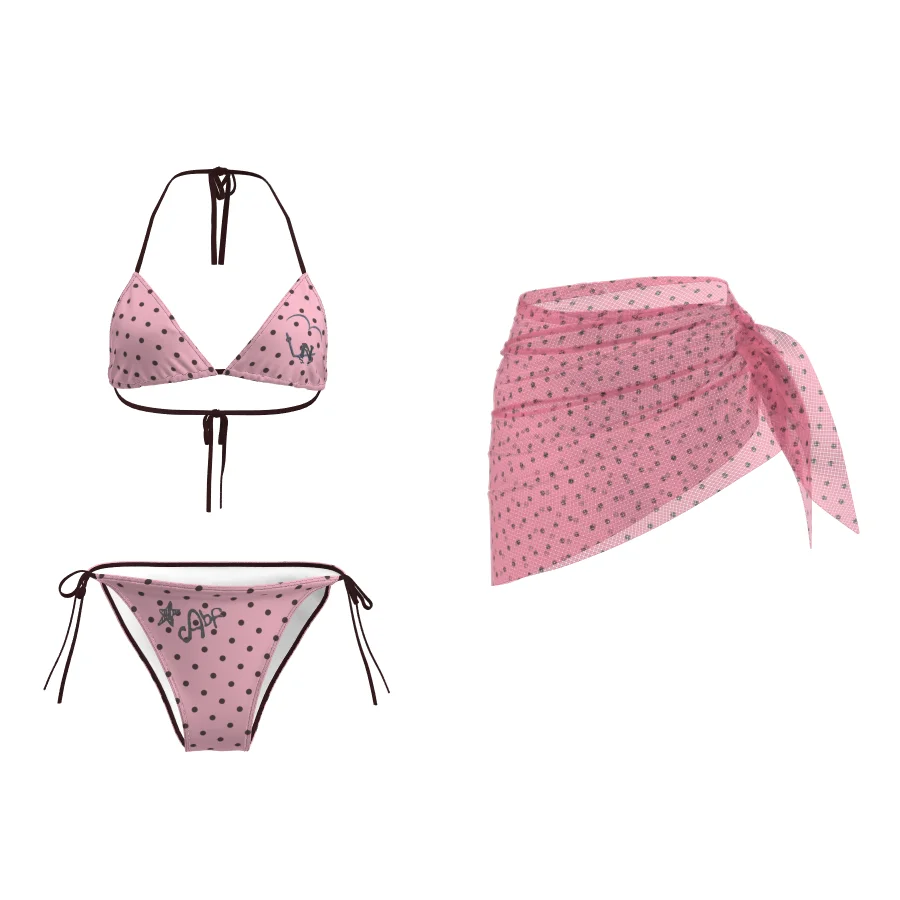 

Dopamine Sweet Sister Polka Dot Three Piece Bikini with Skirt Neck Hanging Girl Style Beach Photo Swimming Suit DK Brand