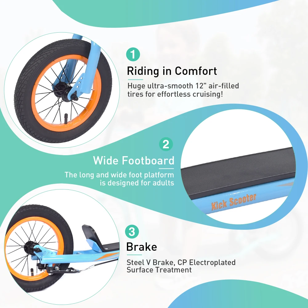 Scooter Kick Scooter with Adjustable Handlebar, 12 Inch Inflatable Wheels ,Widened non-slip Footboard