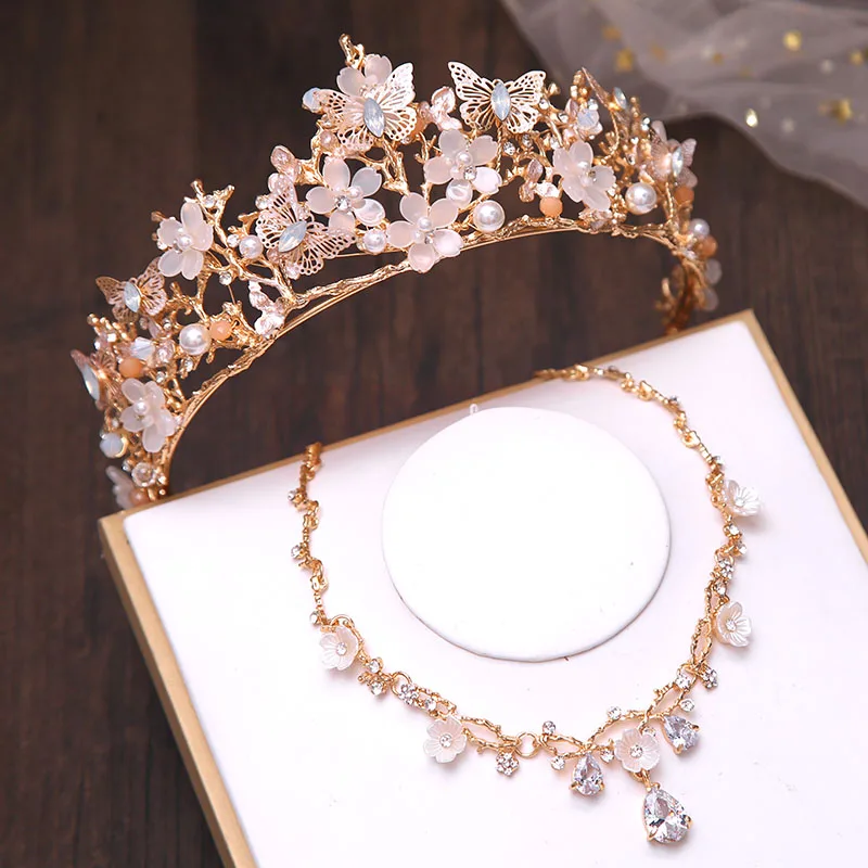 Luxury Crystal Beaded Pearls Butterfly Bridal Jewelry Sets Fashion Tiaras Earrings Necklaces Set Wedding Dress Crown Jewelry Set