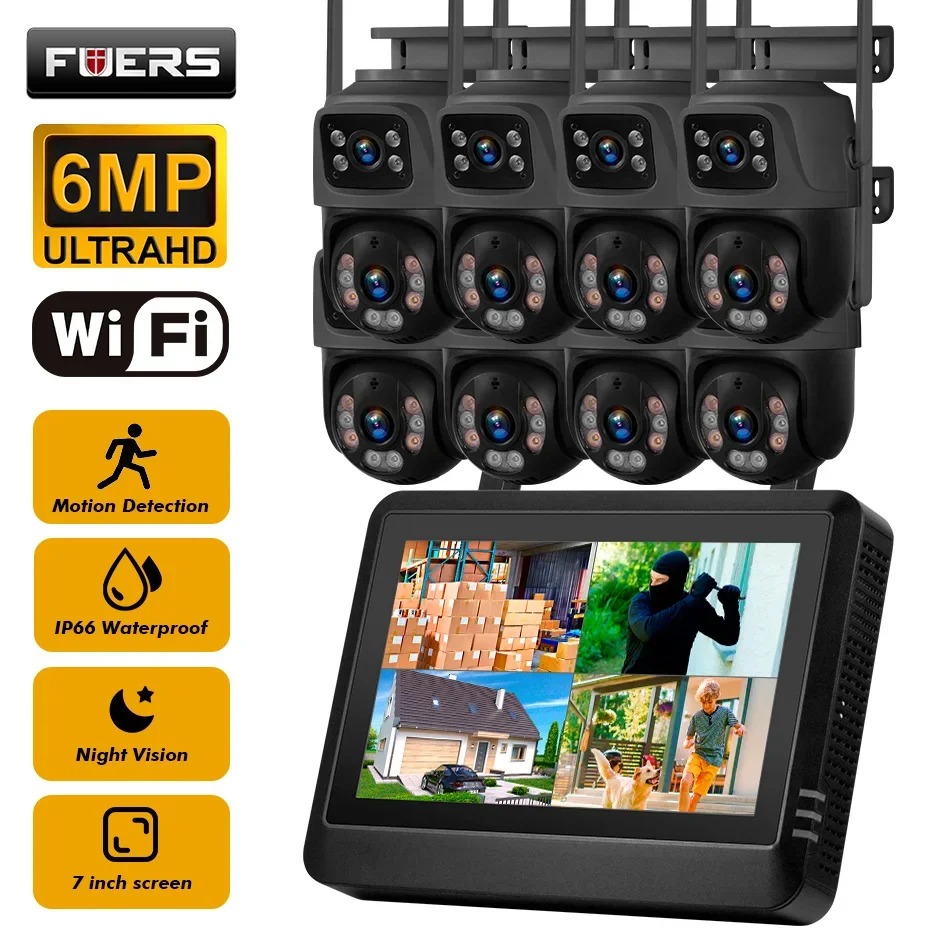 FUERS 7 inch NVR Screen 8CH Wireless NVR Security Outdoor Camera WIFI System Kit H.265 Surveillance CCTV Audio Video Recorder iC