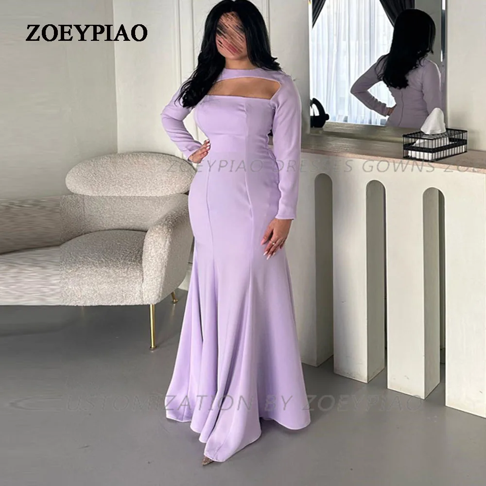 

Elegant Saudi Arabic Lavender Evening Dresses O Neck Mermaid Full Sleeves Satin Prom Gowns Formal Event Occasion Party Dress