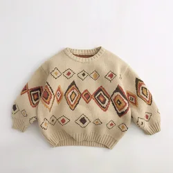 Milangel-suéteres Retro de rejilla colorida para niños, suéter cálido Vintage, abrigo de punto grueso para niñas, otoño e invierno, 2024