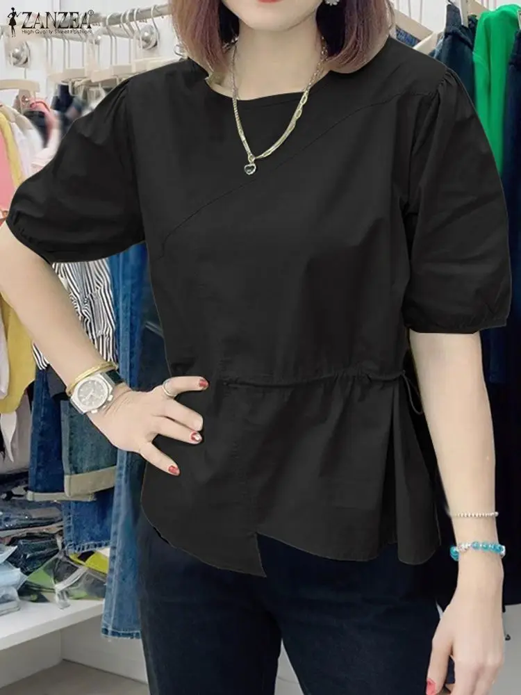 ZANZEA Camicetta moda donna Raccogli la vita Tunica Top 2025 Estate Manica corta Camicie solide Coreano Casual Allentato Blusas Abbigliamento