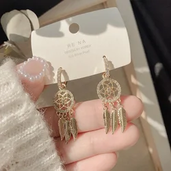 YILUOCD Bohemian Dream Catcher Earrings Dreamcatcher Feather Long Drop Dangle Earrings for Women Cubic Zirconia Jewelry