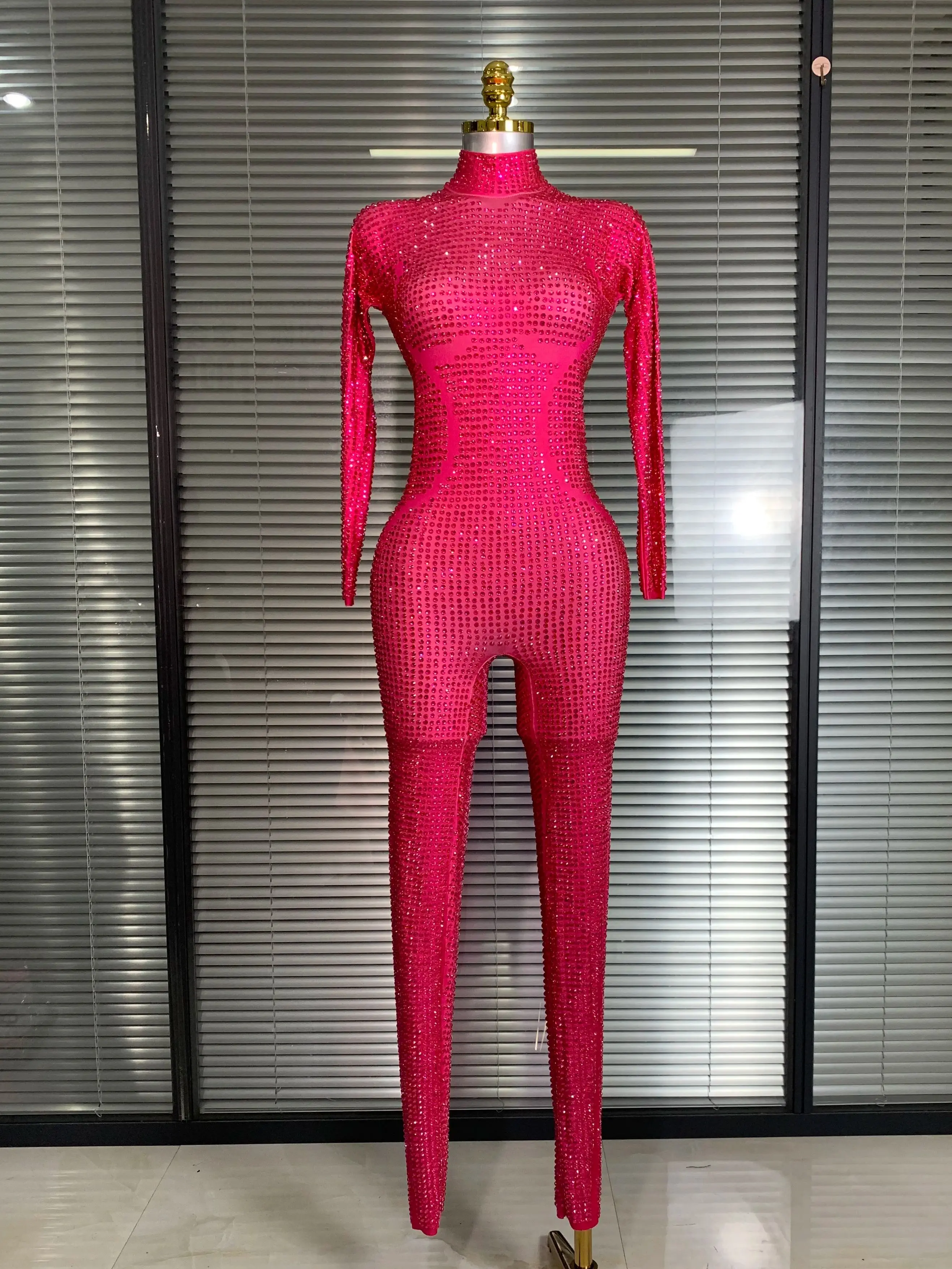 

Women Sexy Crystal Diamonds Hot Pink Bodycon Jumpsuit Celebrity Designer Shinning Singer Dancer Night Club Rompers