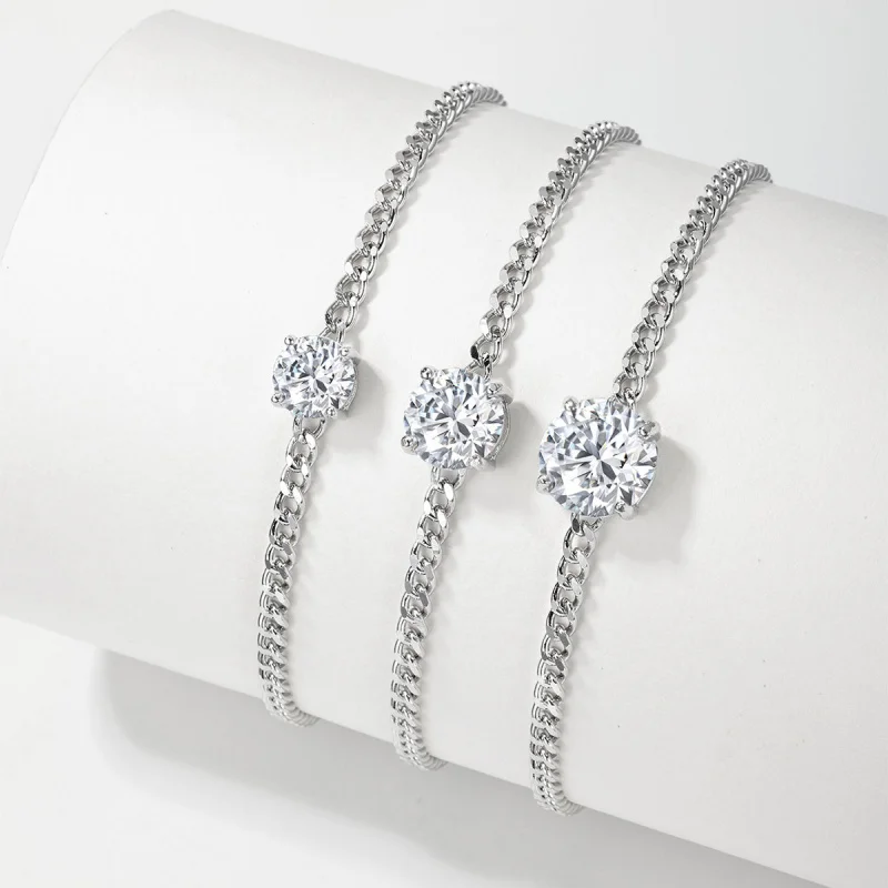 S925 Silver Gold-Plated Lab-Grown Diamond Bracelet Moissanite 4-Prong Cuban Chain Wholesale Customization